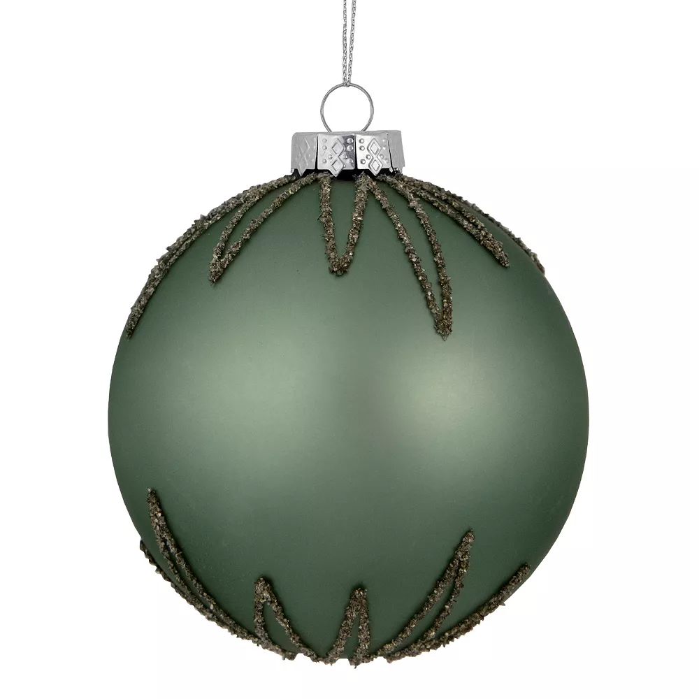 Christmas Central 4" Matte Green Starburst Design Glass Ball Christmas Ornament