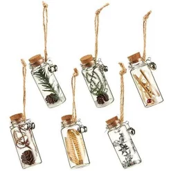 Juvale 6 Pack Festive Glass Bottles With Cork Stoppers With Jute Strings, Hanging Tree Embellishments, 6 Designs (1 X 3 X 1 In)