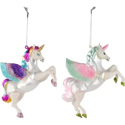 Juvale Rainbow Unicorn Ornament - 2-Pack Glass Christmas Tree Decor With String, Magical Multicolored Glitter Design, Winter Holiday Festive Hanging Decoration, 5 X 4.5 X 2 Inches