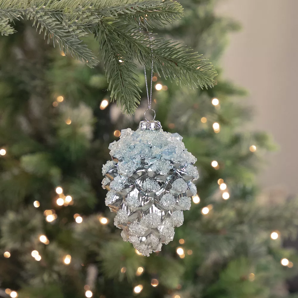 Christmas Central 4.75" Blue Icy Pine Cone Glass Christmas Ornament - Image 2