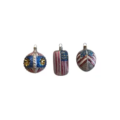 Alexander Taron Set Of 3 Blue Red And Gold Handcrafted Assorted Glass American Flags Nostalgie Ornaments 2.75"