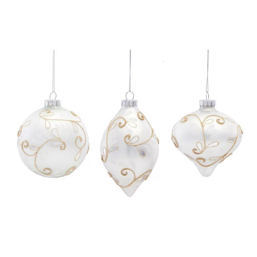 Contemporary Home Living Set Of 6 Metallic White Glass Christmas Ball Drop And Onion Ornaments 6"
