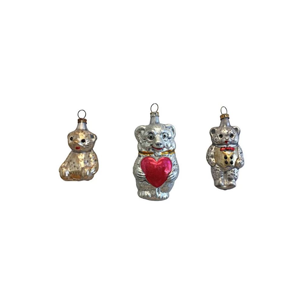 Alexander Taron Set Of 3 Silver Red And Gold Handcrafted Assorted Glass Bears Nostalgie Ornaments 2.75"