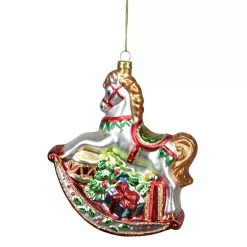 Christmas Central 5" White And Red Rocking Horse With Gifts Glass Christmas Ornament