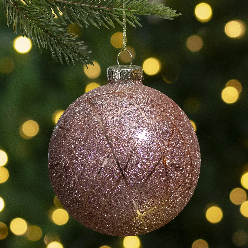 Christmas Central 2-Finish Rose Gold Etched Stripes Glass Christmas Ball Ornament 4" (100mm) - Image 2