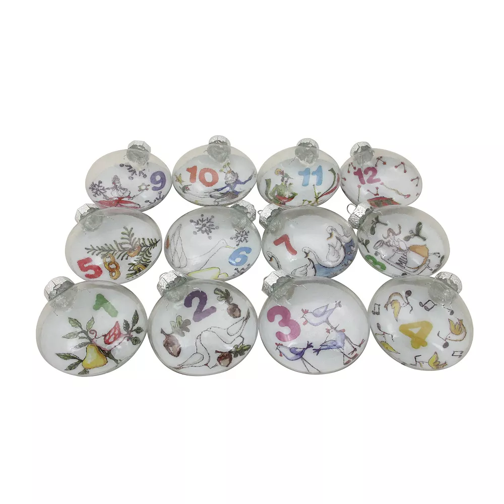 Christmas Central 12ct Clear 'The Twelve Days Of Christmas' Glass Disc Ornaments 3"
