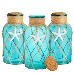 Okuna Outpost 3 Pack Blue Glass Vase With Cork Lid, Rope And Starfish Accent, Beach Home Decor (4 X 8 In)