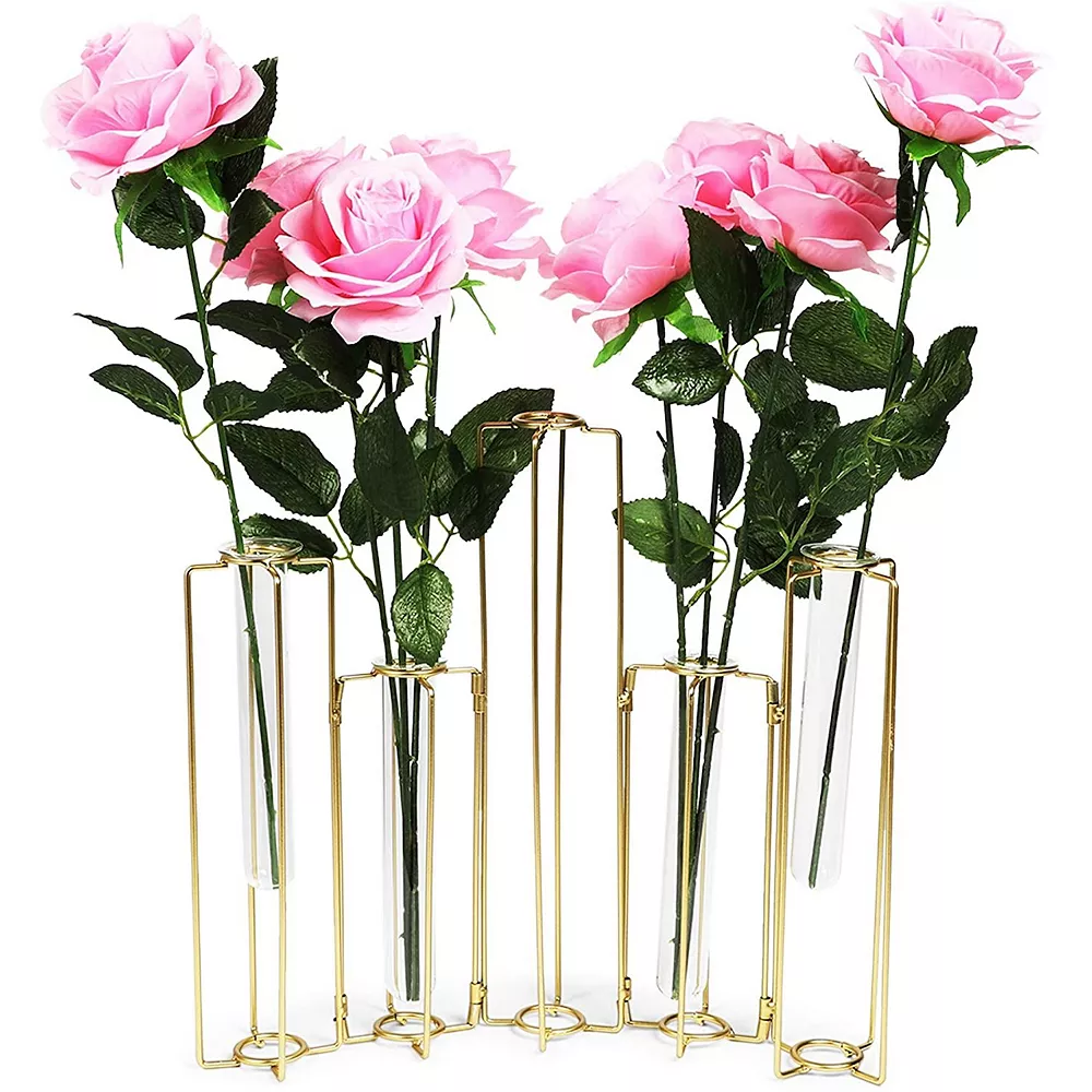 Juvale Metal Hinged Plant Stand Set With Glass Test Tube Vases (Gold, 6 Pieces)