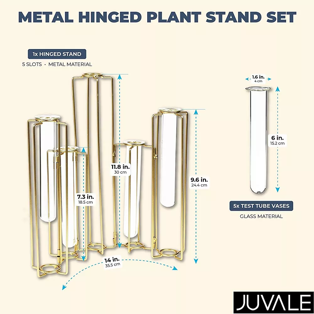 Juvale Metal Hinged Plant Stand Set With Glass Test Tube Vases (Gold, 6 Pieces) - Image 2