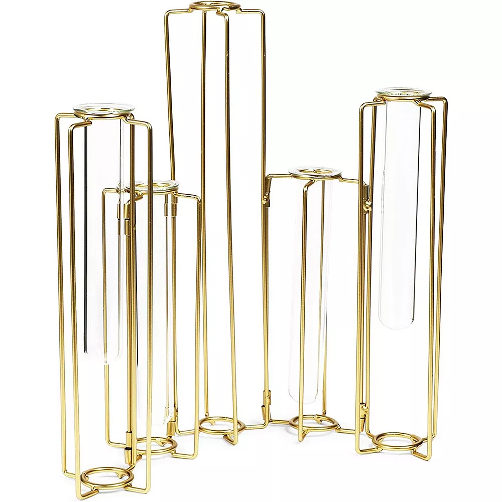 Juvale Metal Hinged Plant Stand Set With Glass Test Tube Vases (Gold, 6 Pieces) - Image 3