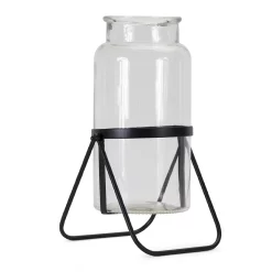 Contemporary Home Living Set Of 2 Clear And Black Glass Cylinder Vase With Metal Stand 14”