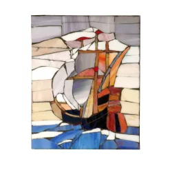 Art Glass Designs 10" Blue And White Rectangular Sailboat Glass Panel Wall Art Decor