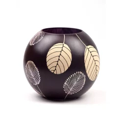 Art Glass Designs 7" Brown And Beige Leaf Pattern Round Glass Vase