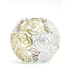 Art Glass Designs 7" Gold And White Floral Round Glass Vase