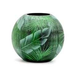 Art Glass Designs 7" Green And White Tropical Leaves Round Glass Vase
