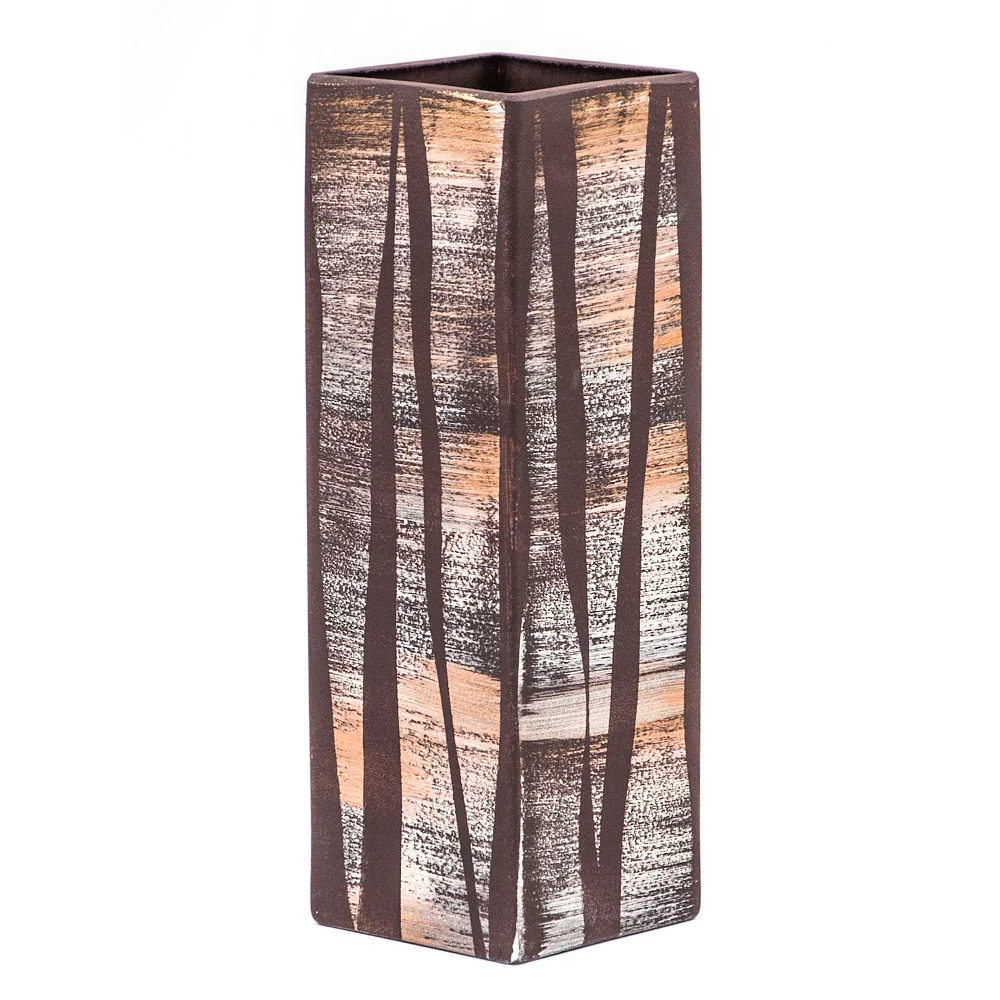 Art Glass Designs 11.75" Brown And Orange Vertical Lines Square Glass Vase