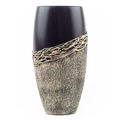 Art Glass Designs 11.75" Black And Beige Abstract Barrel Glass Vase