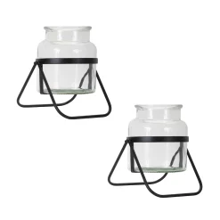 Contemporary Home Living Set Of 2 Clear And Black Glass Cylinder Vase With Metal Stand 9”