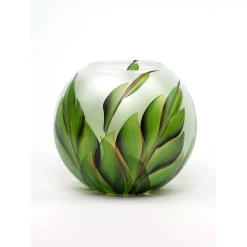 Art Glass Designs 7" White And Green Tropical Leaves Round Glass Vase