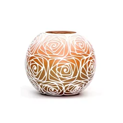Art Glass Designs 7" Orange And White Flowers Round Glass Vase