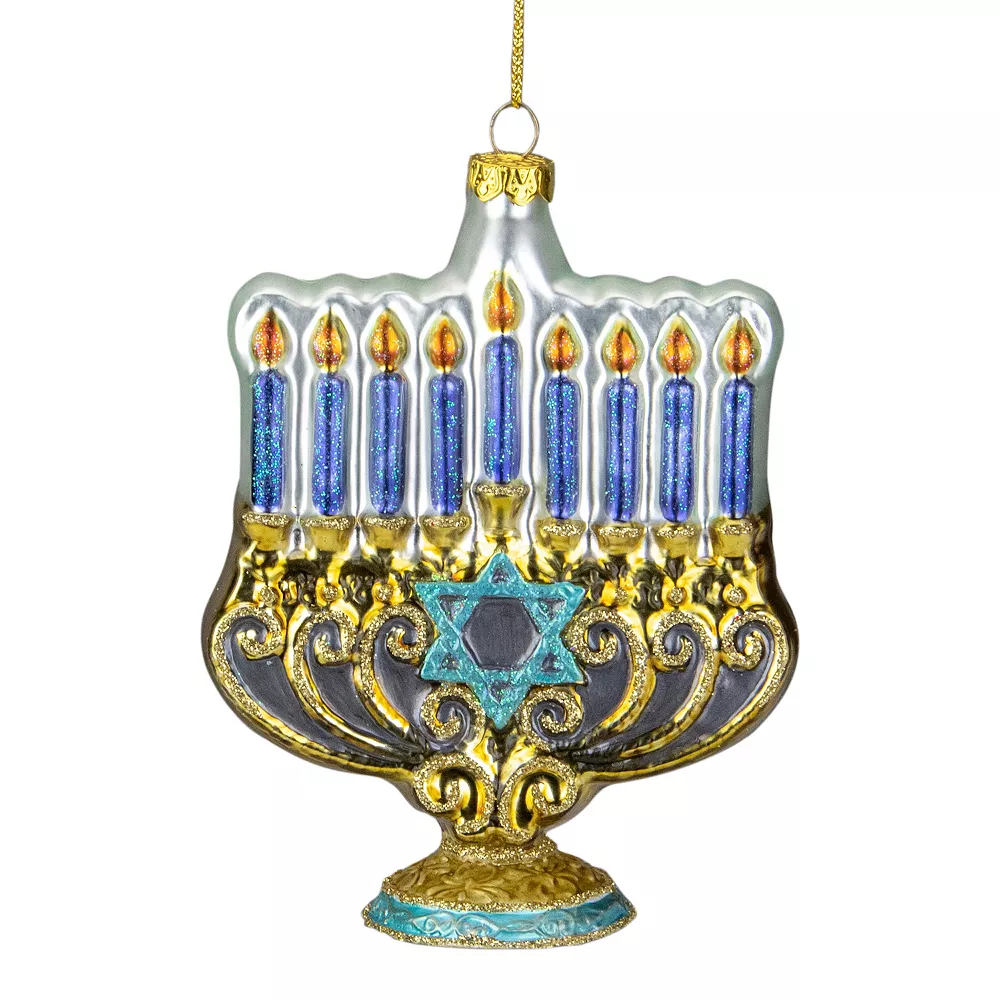 Christmas Central 5" Gold And Blue Menorah Glass Hanukkah Ornament