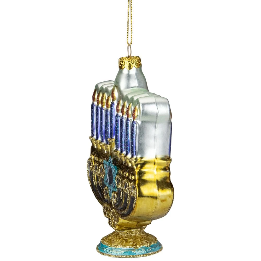 Christmas Central 5" Gold And Blue Menorah Glass Hanukkah Ornament - Image 2