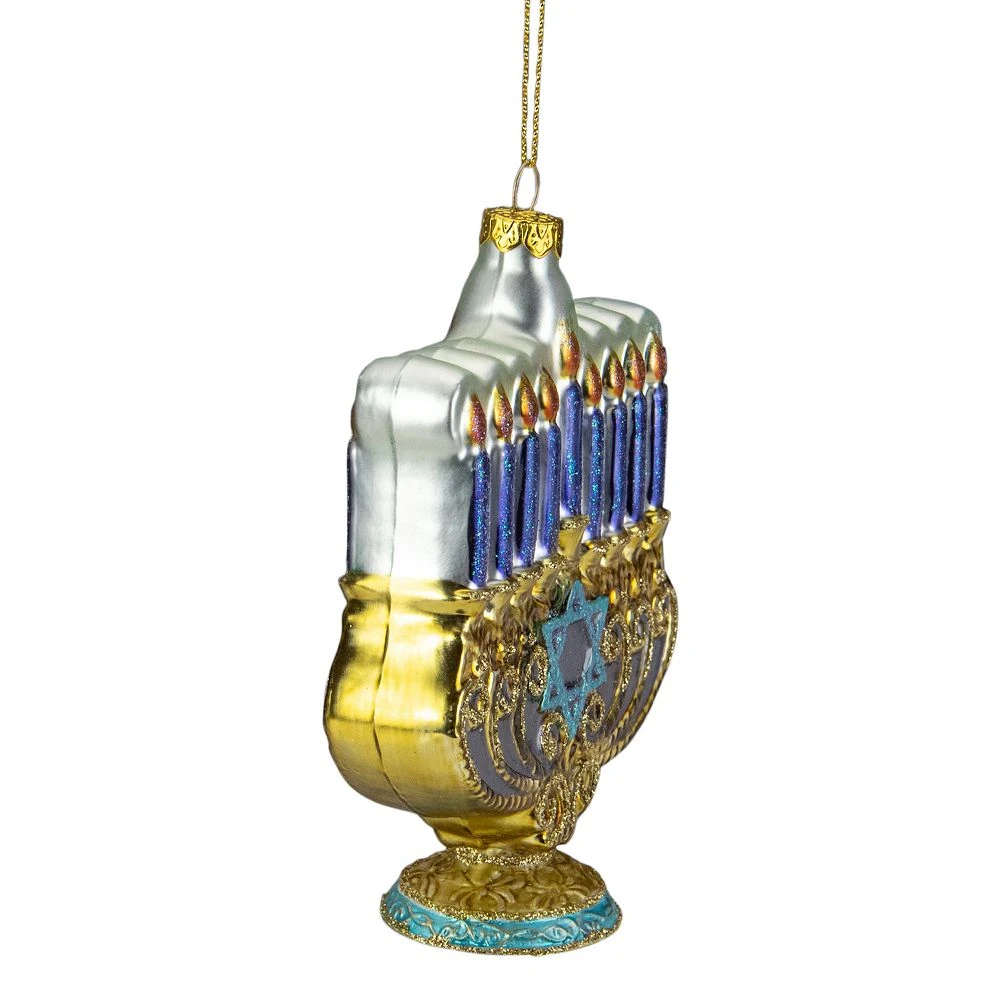 Christmas Central 5" Gold And Blue Menorah Glass Hanukkah Ornament - Image 3