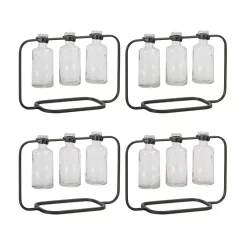 Contemporary Home Living Set Of 4 Clear Glass 3 Bottle Vase In Metal Holder 10.25"