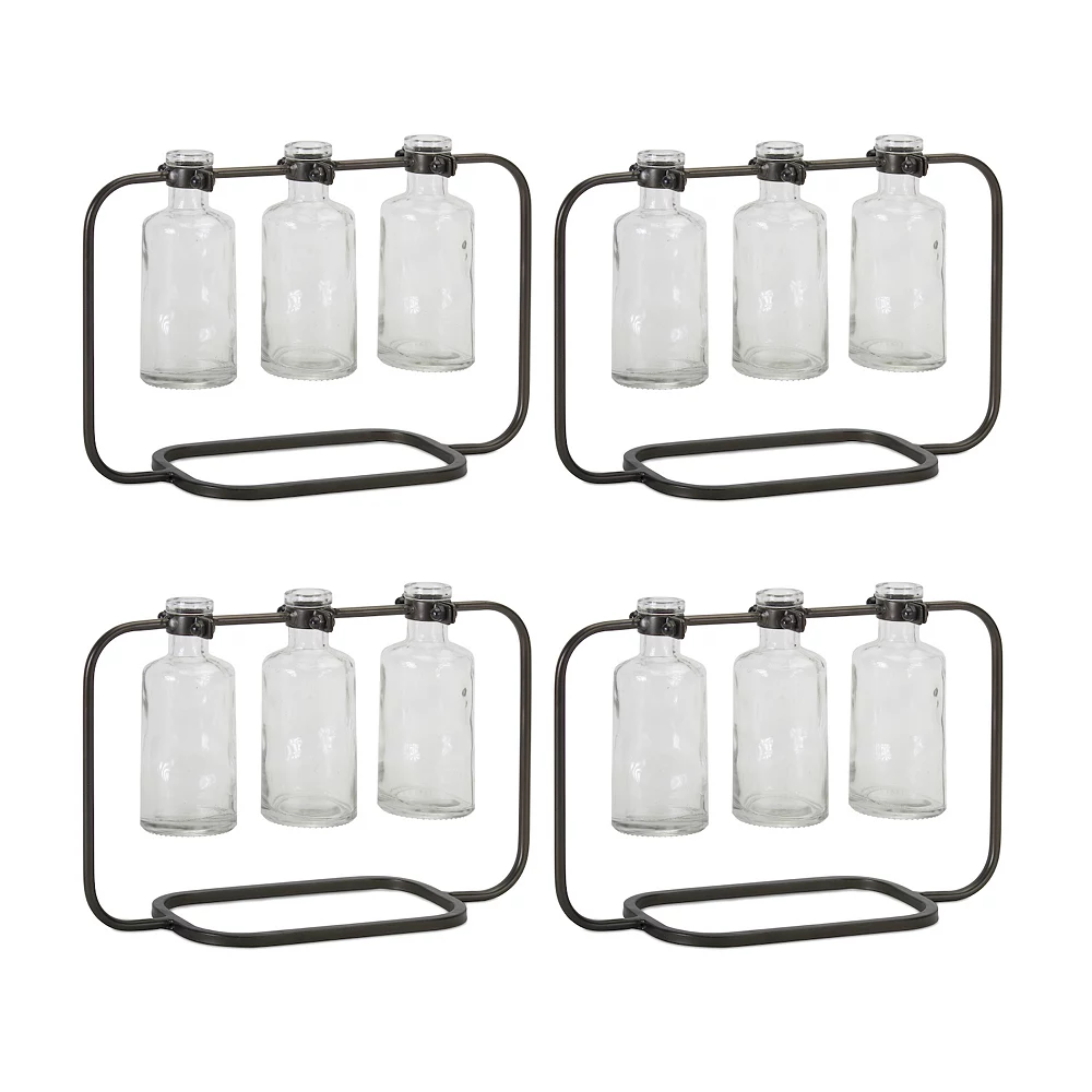 Contemporary Home Living Set Of 4 Clear Glass 3 Bottle Vase In Metal Holder 10.25"