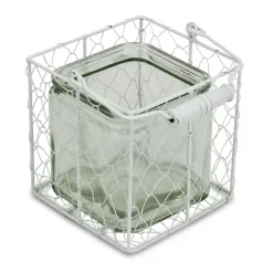 Contemporary Home Living 5.5" Clear And White Square Glass Jar In Wire Basket With Handle
