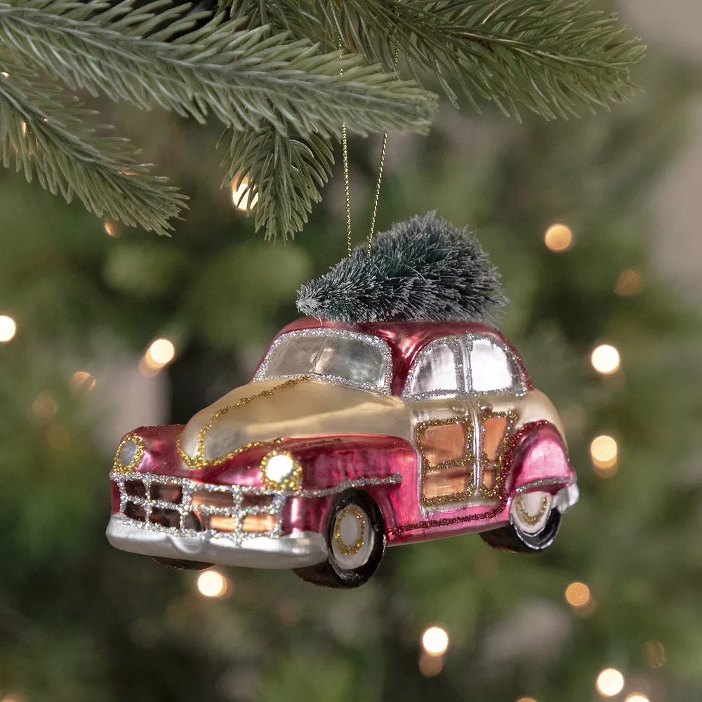 Christmas Central 5" Red And Gold Glitter Car With Christmas Tree Glass Ornament - Image 2